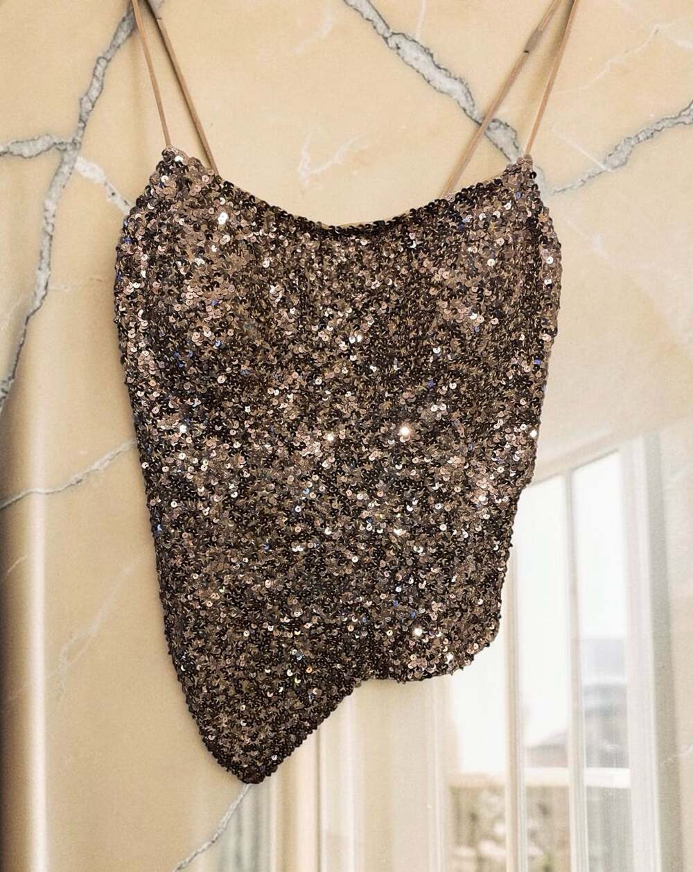 Vintage 100% Pure Silk Asymmetrical Sequin Top w/built in Bra Size Medium
